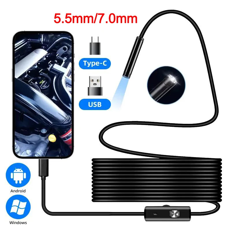 USB-C Endoscope Inspection Camera — Flexible Borescope with LED Lights
