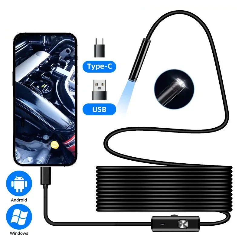 USB-C Endoscope Inspection Camera — Flexible Borescope with LED Lights